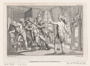 Lord Oxmington Repelling Lismahago's Challenge to Single Combat, an illustration from Tobias Smollett's "The Expedition of Humphry Clinker" (London, 1793), Vol. 1