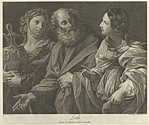 Lot flanked by his two daughters, one of them holding a decorated jug, after Reni by Guido Reni|Domenico Cunego