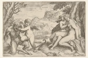 Love Conquers All (Omnia vincit Amor), in a struggle with a satyr Amor places his right knee on its thigh, two nude nymphs are seated with interlocking legs at the base of a tree