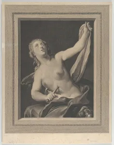 Lucretia seated, half naked, stabbing herself in the stomach with a dagger in her right hand and holding a cloth in her raised left hand, looking upwards, after Pellegrini?