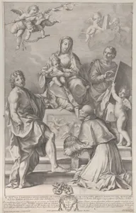 Madonna and Child at center with Saint John the Baptist, Saint Luke, Pope Peter Celestini, and angels