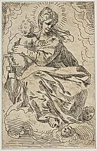 Madonna and child on clouds by Simone Cantarini