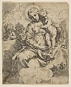 Madonna and Child seated on clouds and surrounded by angels by Simone Cantarini
