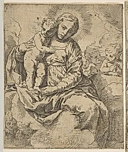 Madonna and Child seated on clouds and surrounded by angels, copy in reverse after Cantarini by Simone Cantarini