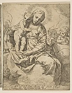 Madonna and Child seated on clouds and surrounded by angels, copy in reverse after Cantarini by Simone Cantarini