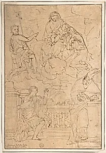 Madonna and Child with Saint John the Baptist and three other Saints by Anonymous, Italian, Roman-Bolognese, 17th century