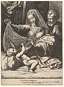 Madonna of Loreto, the Virgin lifts a veil above the Child, who lies on a bed and pillow, Joseph stands behind with both hands on his staff by Giorgio Ghisi|Raphael (Raffaello Sanzio or Santi)