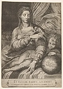 Madonna of the Rose, she reaches for a rose held by the Christ child, who rests his left arm on a globe by Parmigianino (Girolamo Francesco Maria Mazzola)|Domenico Tibaldi