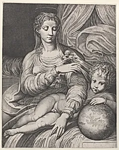 Madonna of the Rose, she reaches for a rose held by the Christ child, who rests his left arm on a globe by Parmigianino (Girolamo Francesco Maria Mazzola)|Domenico Tibaldi