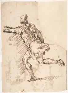 Male Figure Running (recto); Three Pen Studies of Male Heads (verso)