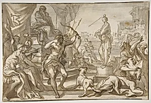Male Figure with a Bow and Arrow Shooting at a Statue of a Woman with a Ball on her Head by Domenico Piola