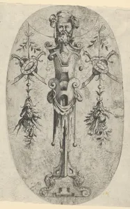 Male Terminal Figure; Head with Beard and Turban on a Three-Quarter Strapwork Pedestal