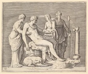 Man Attended by Three Women, from "Ex Antiquis Cameorum et Gemmae Delineata/ Liber Secundus/et ab Enea Vico Parmen Incis"
