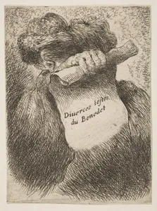 Man holding a scroll in front of his face, from "Small Heads in Oriental Headdress"