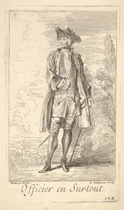 Man in officer's dress, with sword hanging at left hip, shown in frontal view with his head turned toward the left, trees beyond