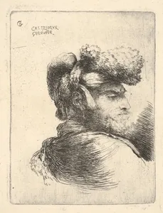 Man in profile facing right, wearing a fur hat, from "Small Heads in Oriental Headdress"