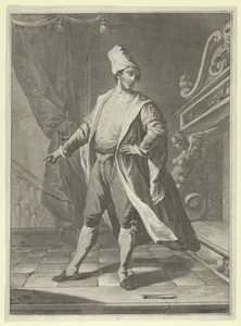 Man in Venetian costume standing before a large fireplace, right arm outstretched