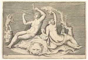 Man Playing Two Flutes and Woman on Lionskin, from "Ex Antiquis Cameorum et Gemmae Delineata/ Liber Secundus/et ab Enea Vico Parmen Incis"