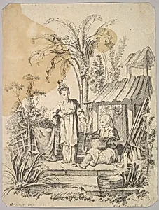 Man Sitting and Woman Carrying a Fish by Martin Engelbrecht|François Boucher