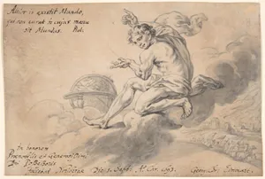 Man Sitting on a Cloud Above a Battlefield, Pointing to a Globe