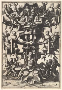 Man Sitting on an Auricular Mask, Supporting a Strapwork Frame on His Shoulders from Veelderleij niewe inventien van antijckesche sepultueren diemen nou zeere ghebruijkende is met noch zeer fraeije grotissen en compertimenten zeer beqwame voer beeltsniders antijcksniders schilders en all constenaers...Libro Secundo