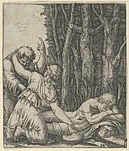 Man sleeping at the edge of a wood with a woman knealing at his side with one hand on a pot and the other on the shoulder of an old man who gestures with left hand towards the sky by Marcantonio Raimondi|Francesco Francia