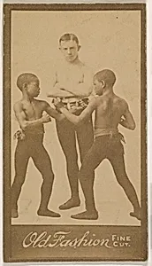 Man standing with two children boxing, from the "Negro Subjects" series (N692) promoting Old Fashion Fine Cut Tobacco by Unknown Artist