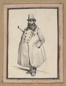 Man wearing a coat and a hat with a cane under his arm