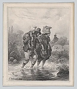 Man, Woman and Child Crossing a Stream