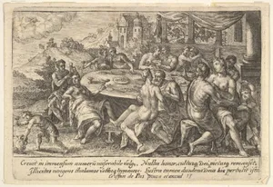 Mankind surrendering to lechery before the Flood: embracing couples on benches around a table with food and drink, from "Liber Genesis"