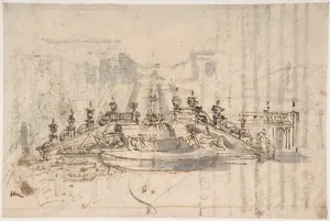 Manuscript page with a Project for a Fountain (recto) and Project and Plan for a Monumental Staircase (verso)