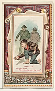 Marbles, "Knuckle down, Shoot hard across the box," from the Terrors of America set (N136) issued by Duke Sons & Co. to promote Honest Long Cut Tobacco by W. Duke, Sons & Co.|Knapp & Company