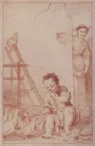Marcolfa Discovers BertoldinoTrying to Hatch Eggs (recto); Sketch of Bertoldino (verso)