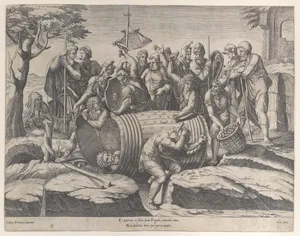 Marcus Atilius Regulus in a barrel while two men are hammering in the nails, various figures throughout