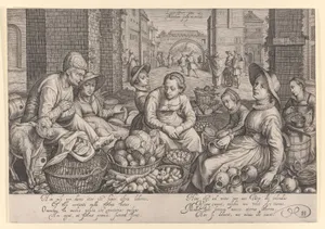 Market Scene in City with the Parable of the Laborers in the Vineyard in the Background