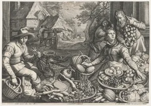 Market Scene, the Rest on the Flight into Egypt in the Background, from Kitchen and Market Scenes with Biblical Scenes in the Background