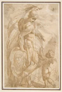 Mars and Cupid (recto); Female Standing Figure with a Helmet and a Shield (Bellona?) (verso)