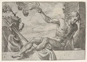 Mars, seated on a wall and holding a flame in his right hand, with armor below