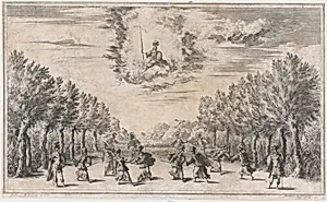 Marsh of Triton; figures battling as Minerva looks on from above; set design from 'Il Pomo D'Oro' by Ludovico Ottaviano Burnacini|Mathäus Küsel