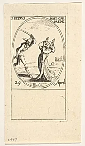 Martyrdom of Saint Peter, an oval composition, from the series 'Les images de tous les saints et saintes de l'année' (Images of all the saints of the year) by Jacques Callot|Israël Henriet