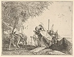 Mary, helped by Joseph and an angel, stepping from a boat to the shore, an angel steadies a donkey before her, from the series 'The Flight into Egypt' by Giovanni Domenico Tiepolo