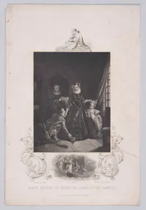 Mary, Queen of Scots in Lochleven Castle, with a small scene of her escape from the castle below (from "The History of England")