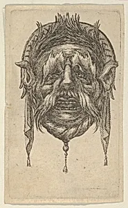 Mask with Long Eyebrows and Mustache and a Headdress with Dangling Cloth, from Divers Masques by François Chauveau|Jacques Van Merlen
