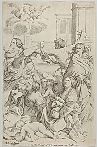 Massacre of the Innocents; group of women and children being attacked, two angels at upper left, after Reni by Guido Reni|Gian Battista Bolognini