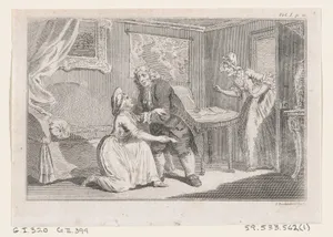 Matthew Bramble Offering Charity to the Ensign's Widow, an illustration from Tobias Smollett's "The Expedition of Humphry Clinker" (London, 1793), Vol. 1