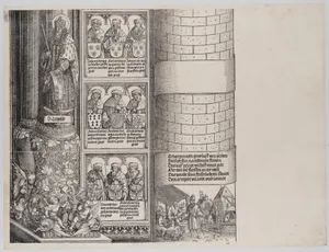 Maximilian as Architect; with a Statue of St. Leopold; and Busts of Maximilian's Ancestors and Relatives, from the Arch of Honor, proof, dated 1515, printed 1517-18
