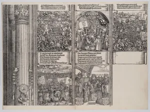 Maximilian's Alliance with Henry VIII; The Double Wedding in Vienna; The Campaign in Gelderland; The Investiture of Massimiliano Sforza as Duke of Milan; and The Venetian War, from the Arch of Honor, proof, dated 1515, printed 1517-18