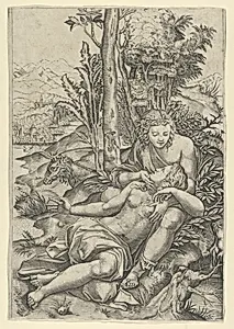 Medor and Angelica from Lodovico Ariosto's "Orlando Furioso", or Venus and Adonis embracing, set within a landscape by Marcantonio Raimondi|Giulio Romano
