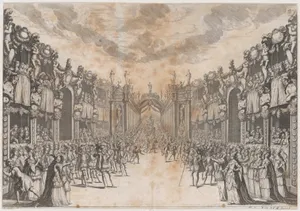 Men and women gathererd in the street to view the entrance of a royal figure, who is carried into the city on a throne; set design from 'La Monarchia Latina Trionfante'