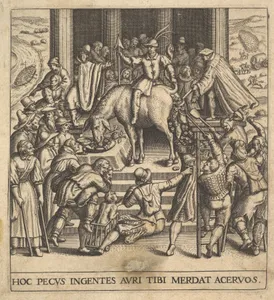 Men collecting dung dropping from the hindquarters of a mule, with a rider sitting backward on the mule and holding its tail aside, surrounded by onlookers spread around a stepped platform, from 'Secular emblems' (Emblemata saecularia)